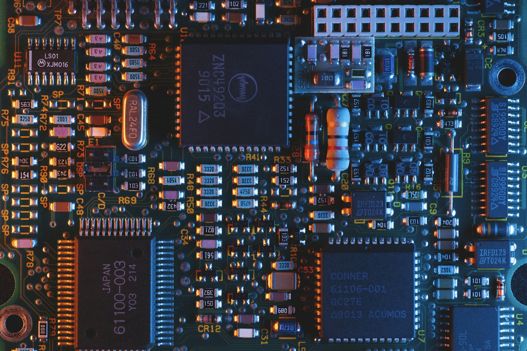 Close view of electronic components on a circuit board